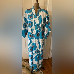 Handcrafted Floral Cotton Kimono Robe Blue White Boho Duster Cover Up OS